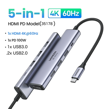 Ugreen 35178 Bộ chuyển đổi USB-C đến 2xUSB-A 2.0+1xUSB-A 3.0+HDMI 4K@60Hz+PD100W